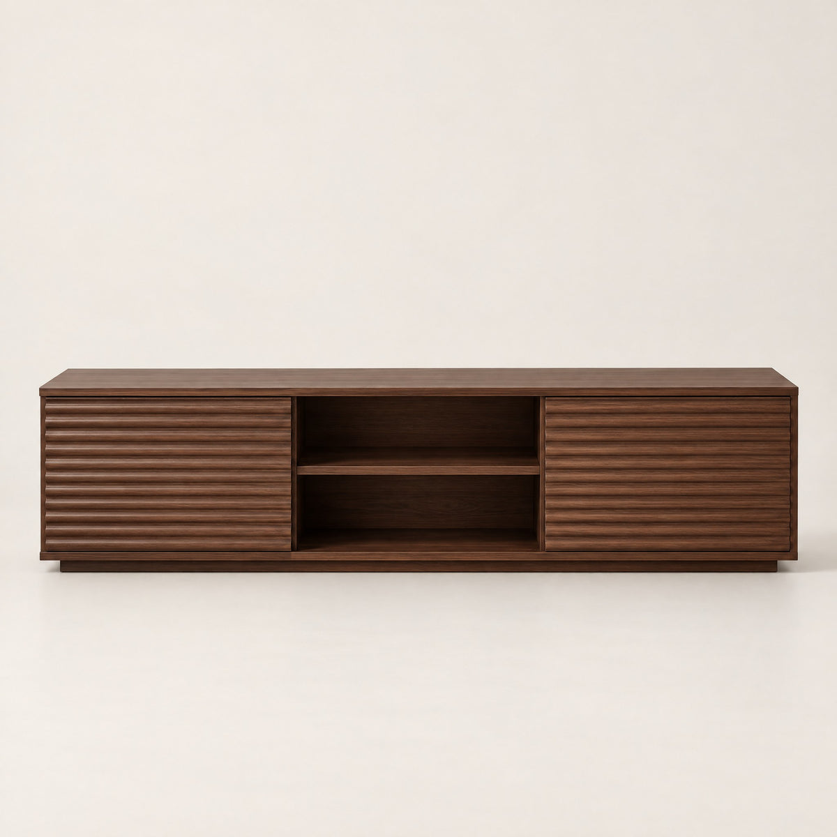 Meuble TV noyer façades rainurées 152 cm, vue de face