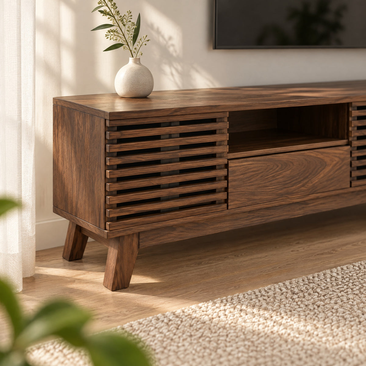 Meuble TV noyer foncé portes à lamelles 170 cm, gros plan