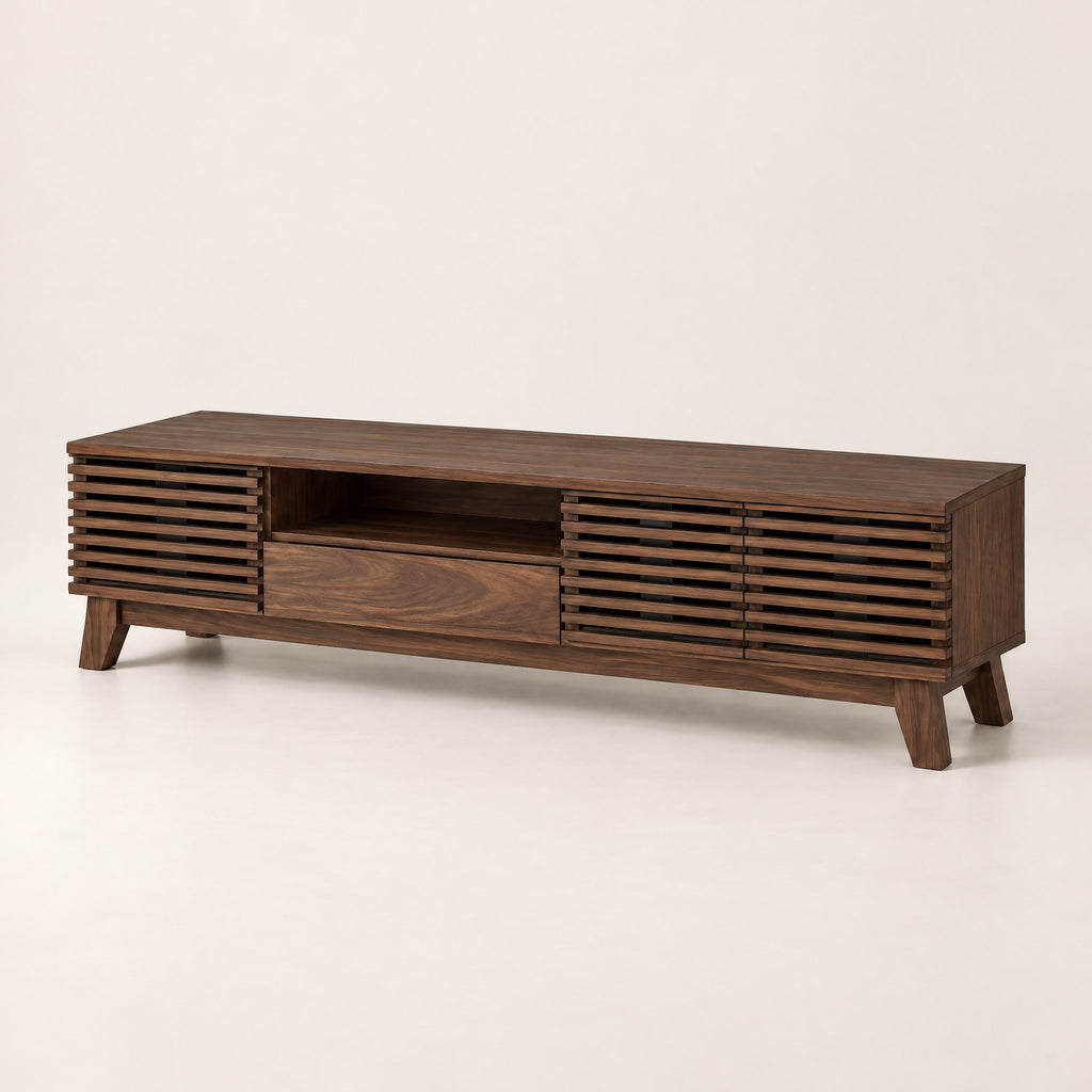 Meuble TV noyer foncé portes à lamelles 170 cm, ouvert