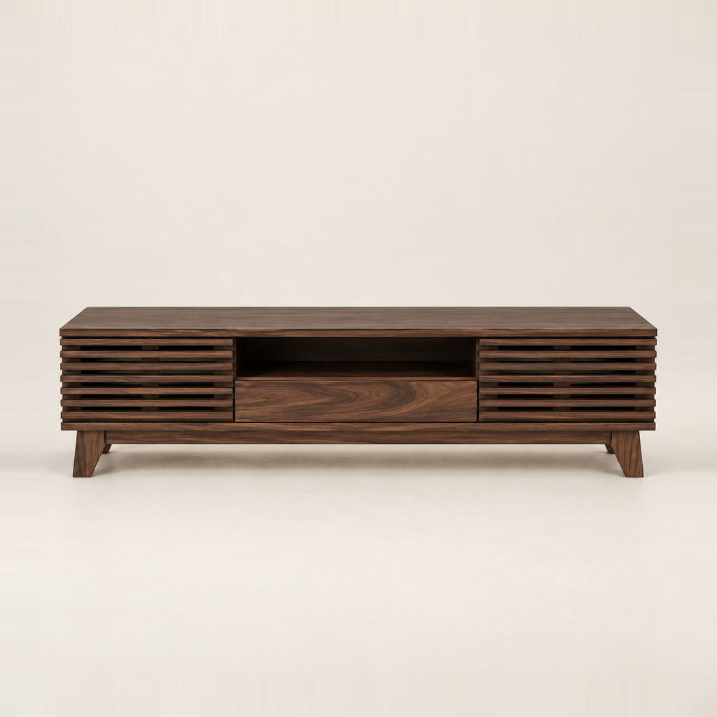 Meuble TV noyer foncé portes à lamelles 170 cm, vue de face