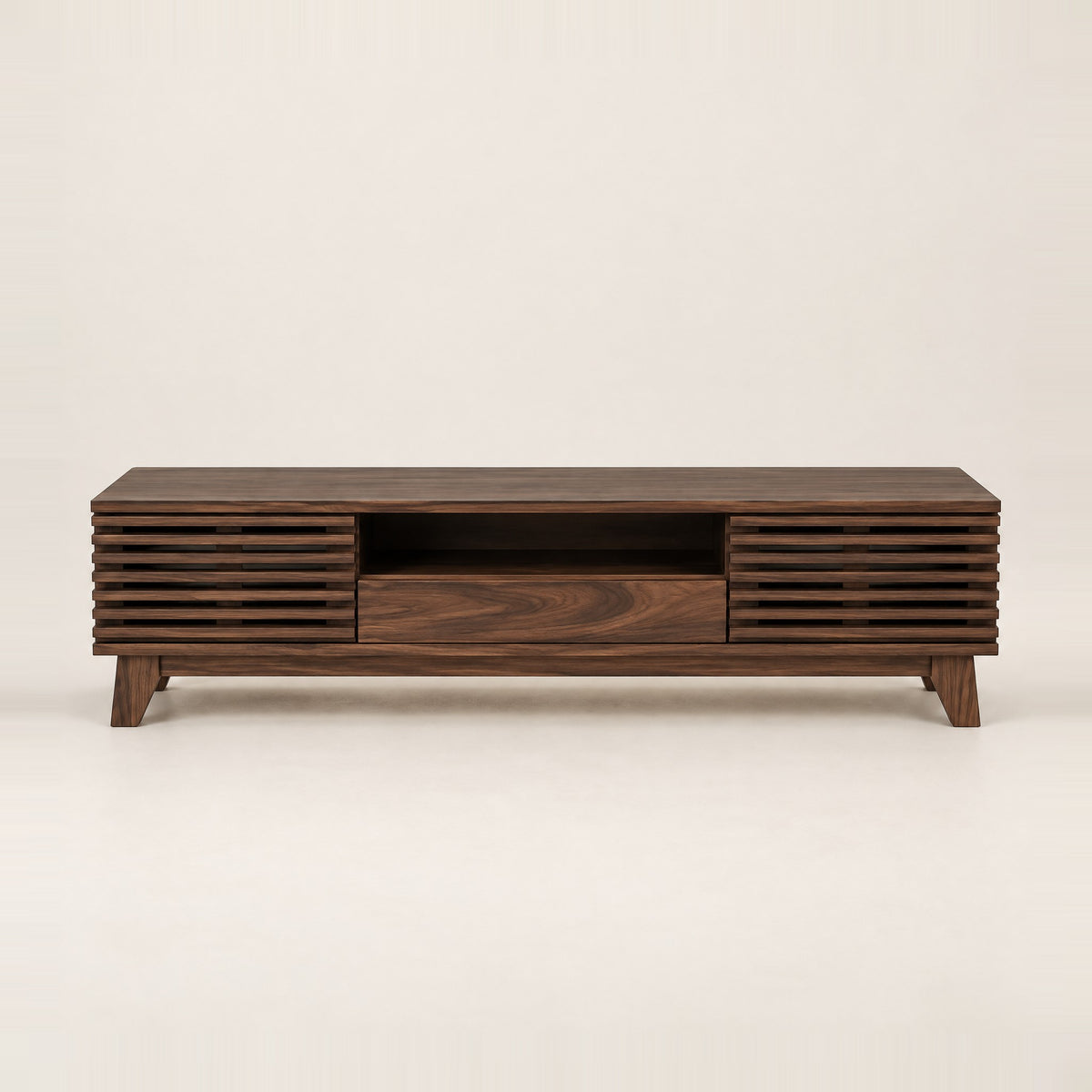 Meuble TV noyer foncé portes à lamelles 170 cm, vue de face