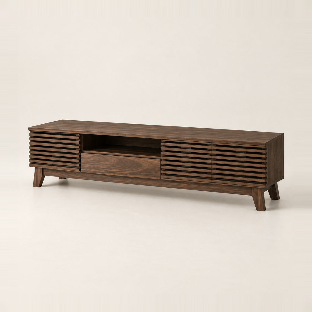 Meuble TV noyer foncé portes à lamelles 170 cm, vue de trois quarts