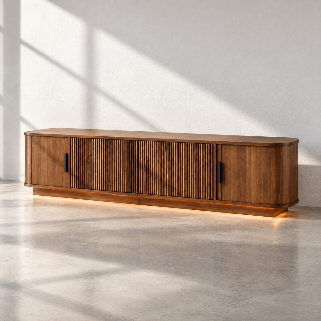 Meuble TV noyer portes coulissantes cannelées LED 180 cm, au soleil