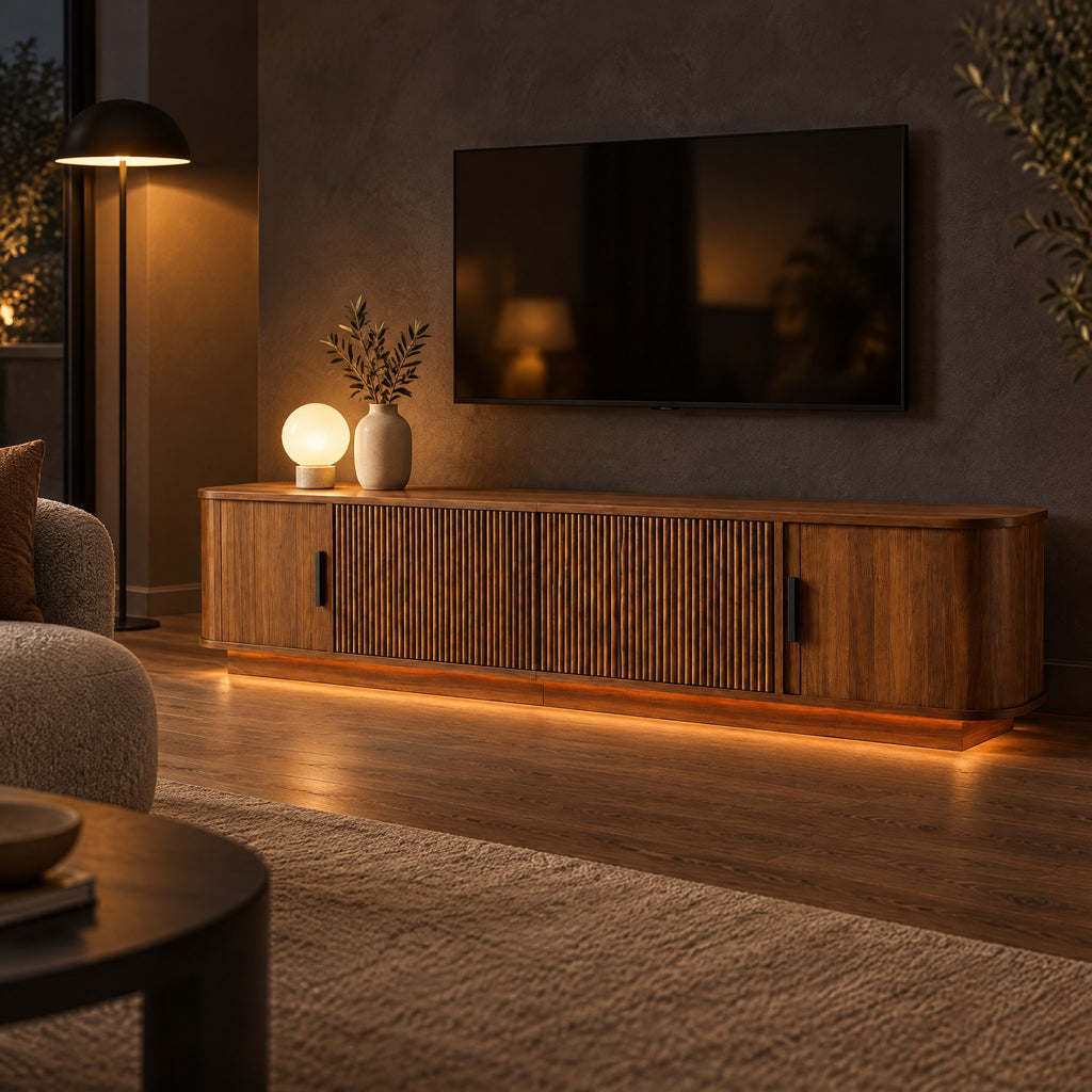 Meuble TV noyer portes coulissantes cannelées LED 180 cm, dans un salon le soir