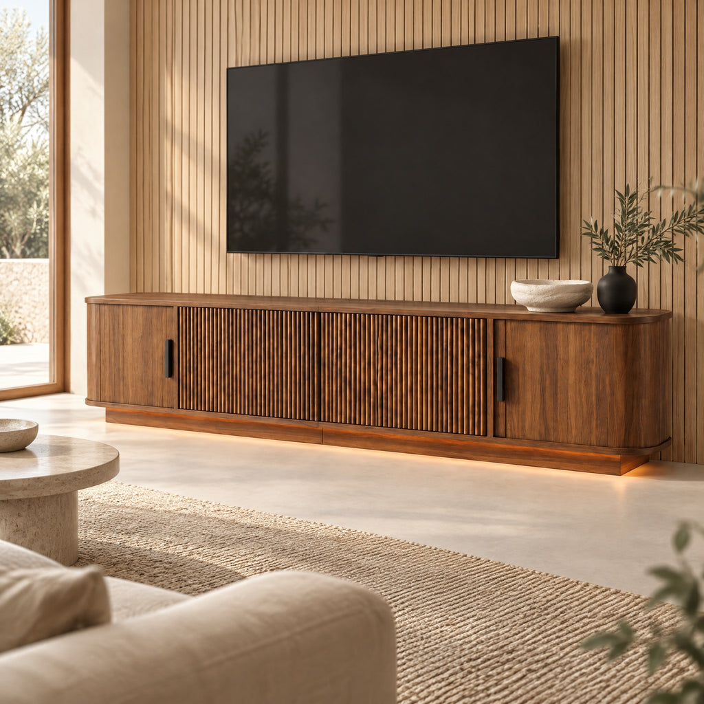 Meuble TV noyer portes coulissantes cannelées LED 180 cm, dans un salon