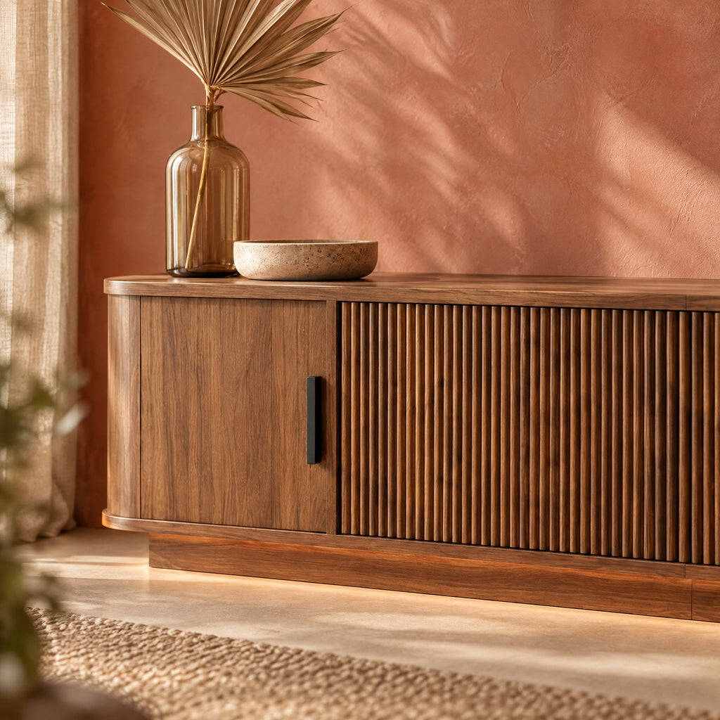 Meuble TV noyer portes coulissantes cannelées LED 180 cm, gros plan