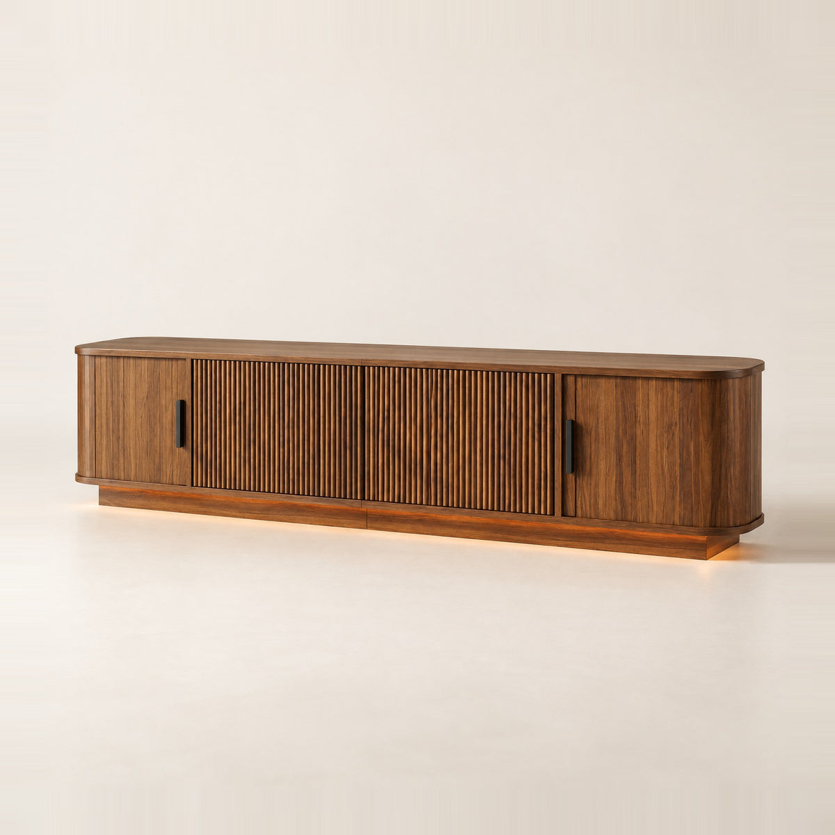 Meuble TV noyer portes coulissantes cannelées LED 180 cm, vue de trois quarts
