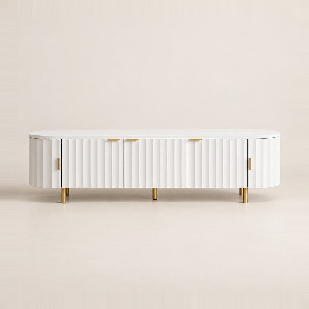 Meuble TV ovale blanc façade ondulée pieds dorés 170 cm, vue de face