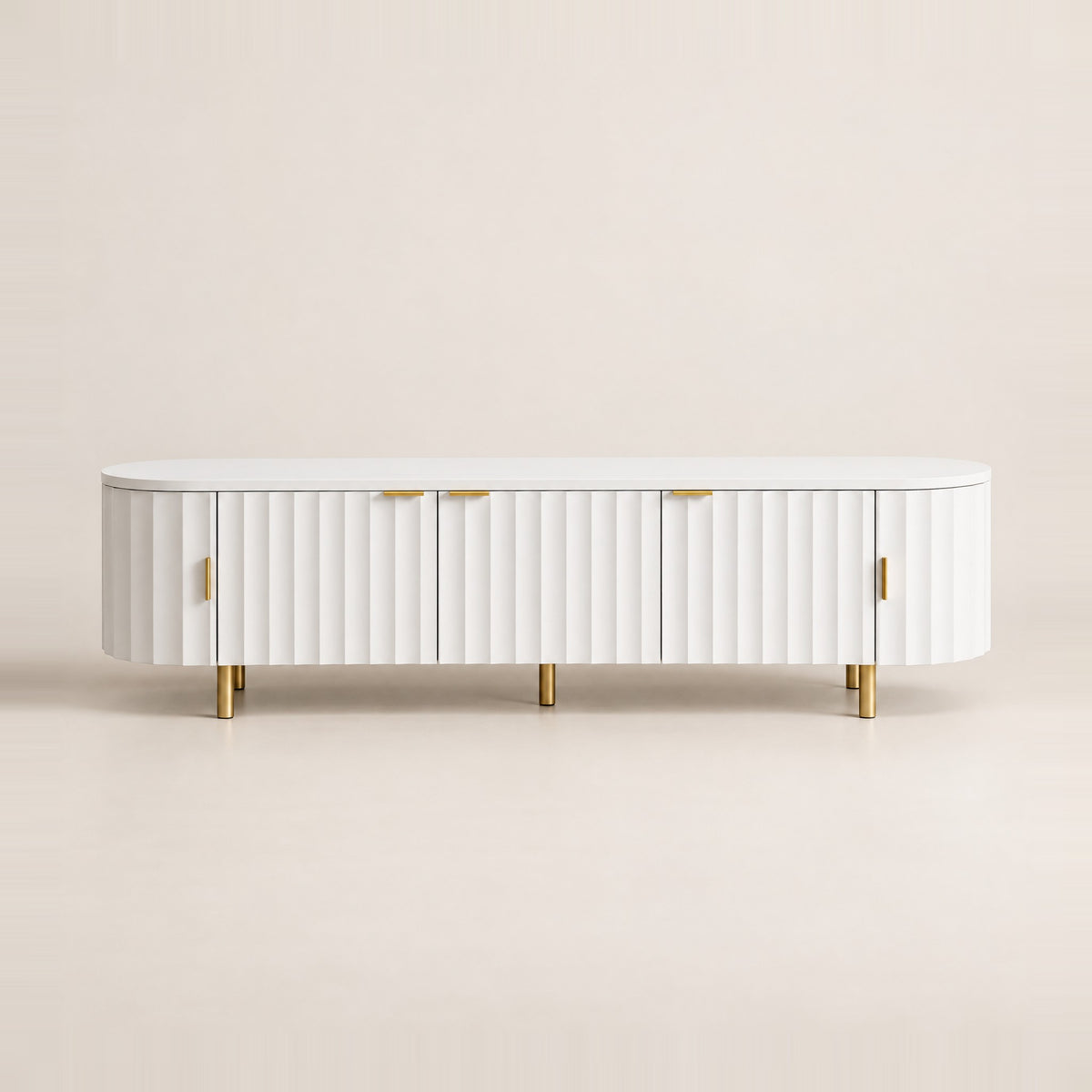 Meuble TV ovale blanc façade ondulée pieds dorés 170 cm, vue de face