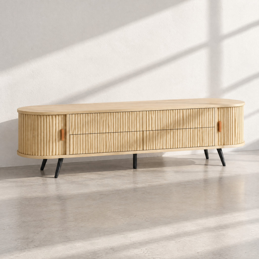 Meuble TV ovale bois clair cannelé 4 tiroirs 180 cm, au soleil