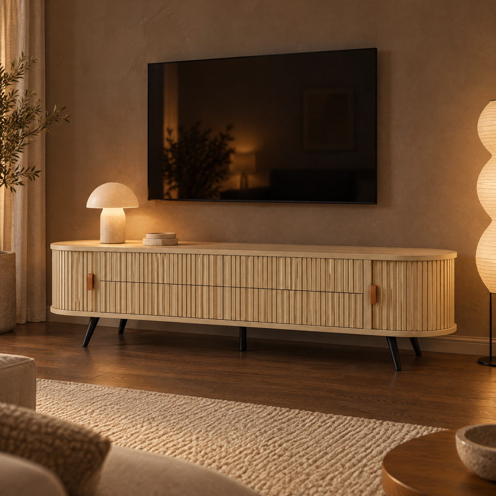 Meuble TV ovale bois clair cannelé 4 tiroirs 180 cm, dans un salon le soir