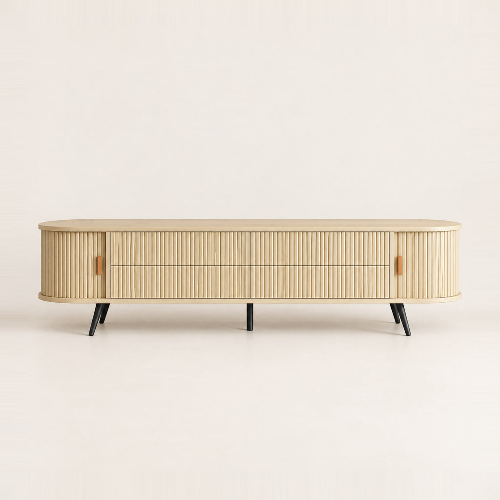 Meuble TV ovale bois clair cannelé 4 tiroirs 180 cm, vue de face