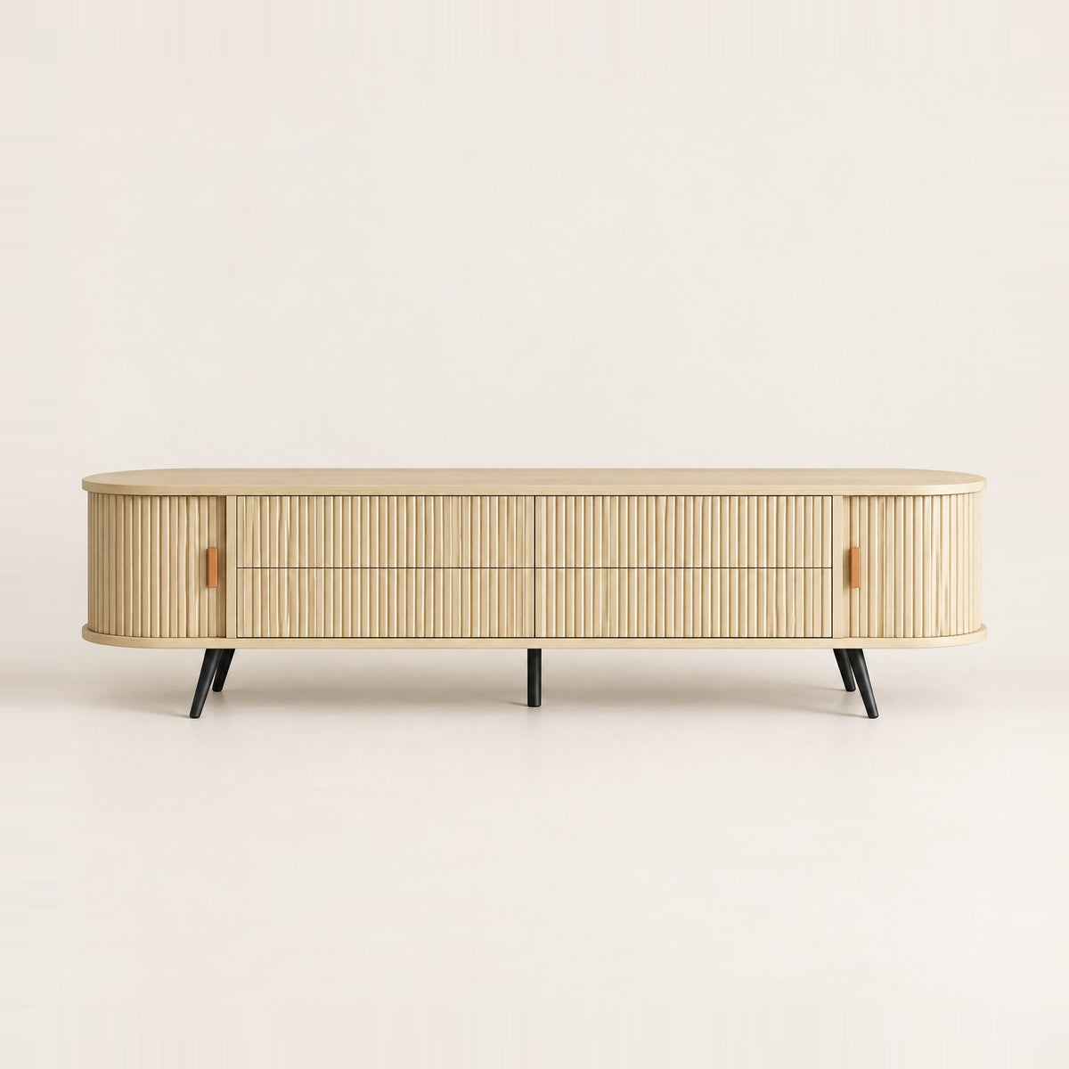 Meuble TV ovale bois clair cannelé 4 tiroirs 180 cm, vue de face