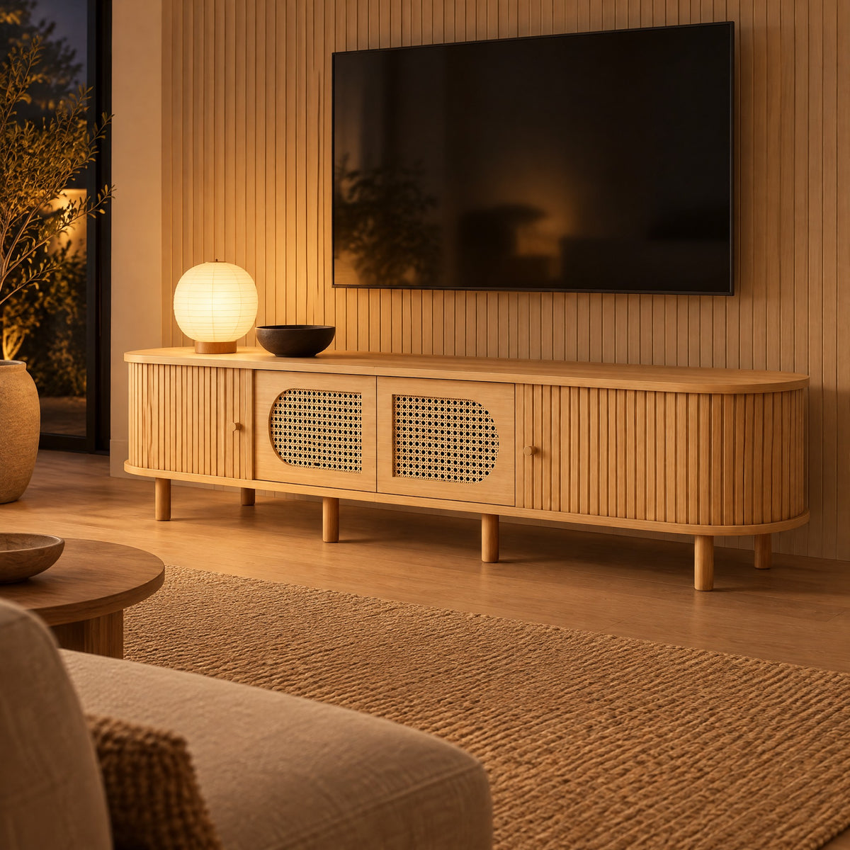 Meuble TV ovale chêne clair cannelé et cannage 180 cm, dans un salon le soir