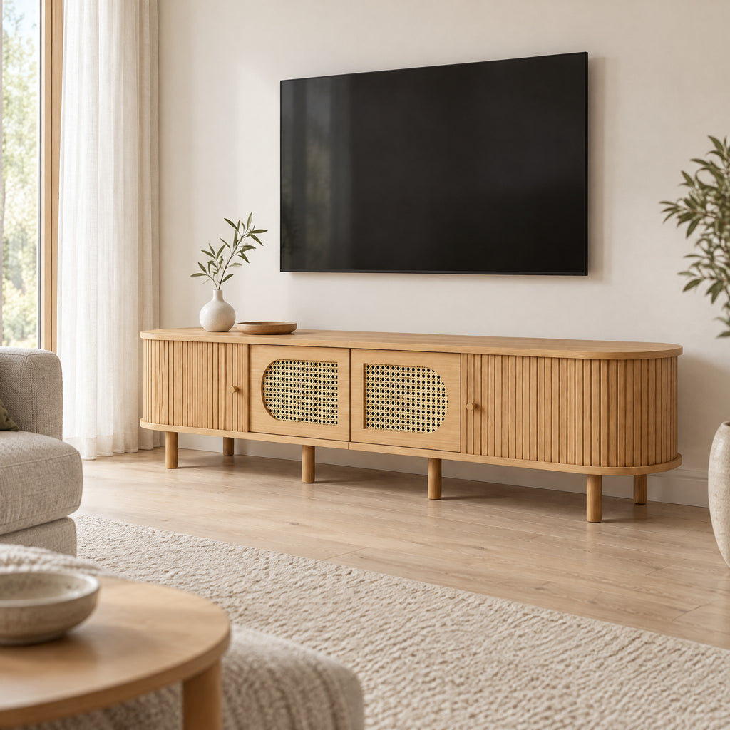 Meuble TV ovale chêne clair cannelé et cannage 180 cm, dans un salon
