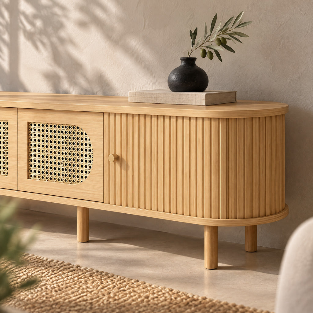 Meuble TV ovale chêne clair cannelé et cannage 180 cm, gros plan
