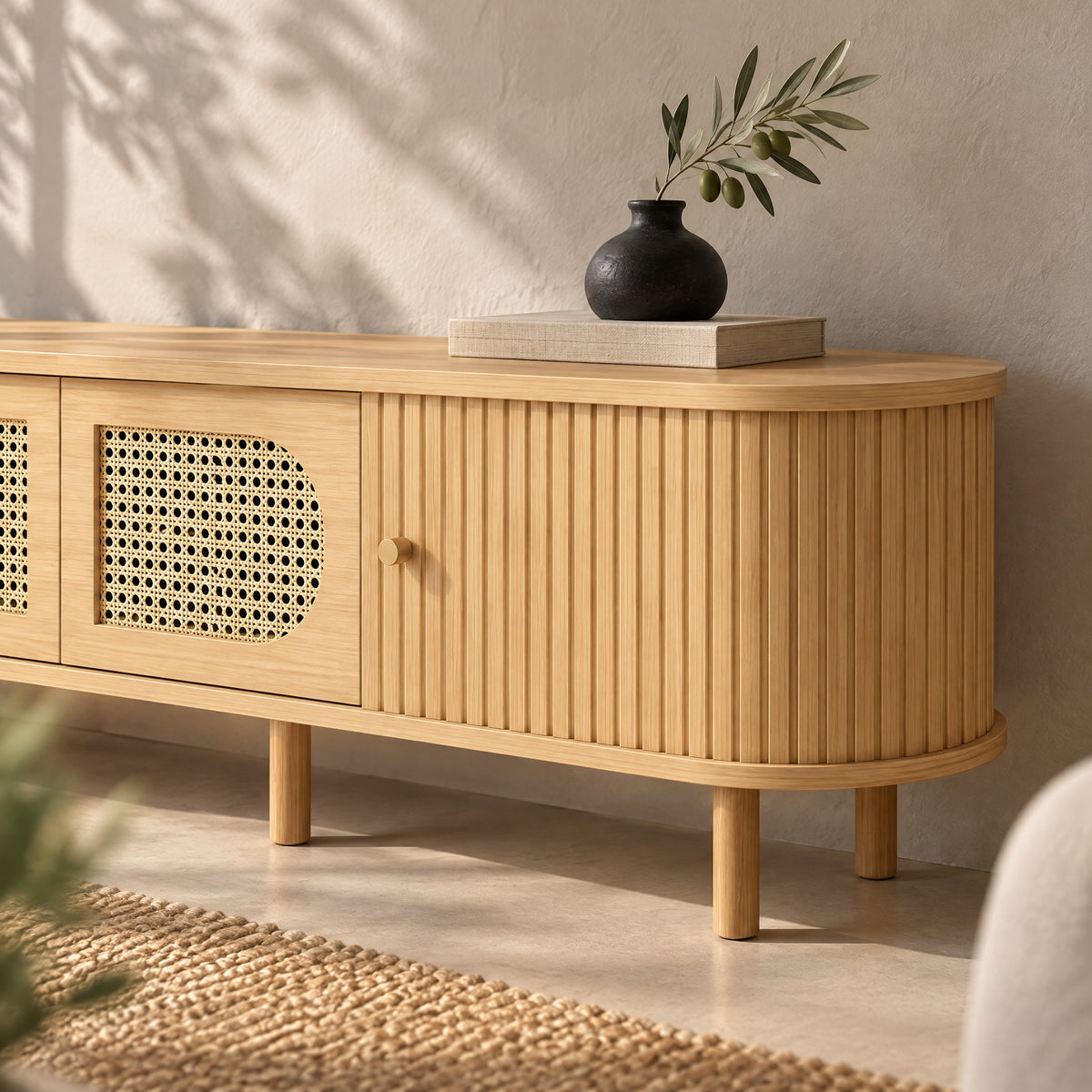 Meuble TV ovale chêne clair cannelé et cannage 180 cm, gros plan