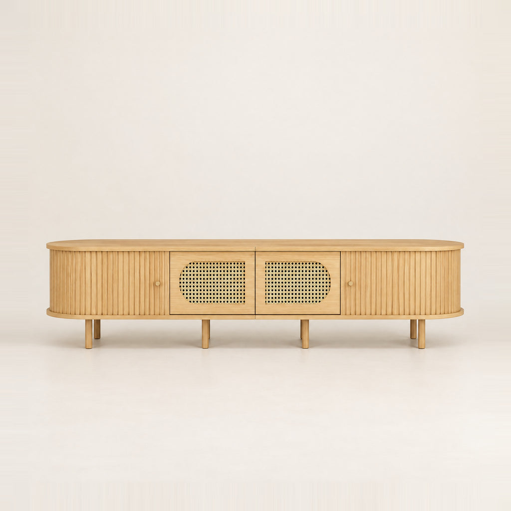 Meuble TV ovale chêne clair cannelé et cannage 180 cm, vue de face