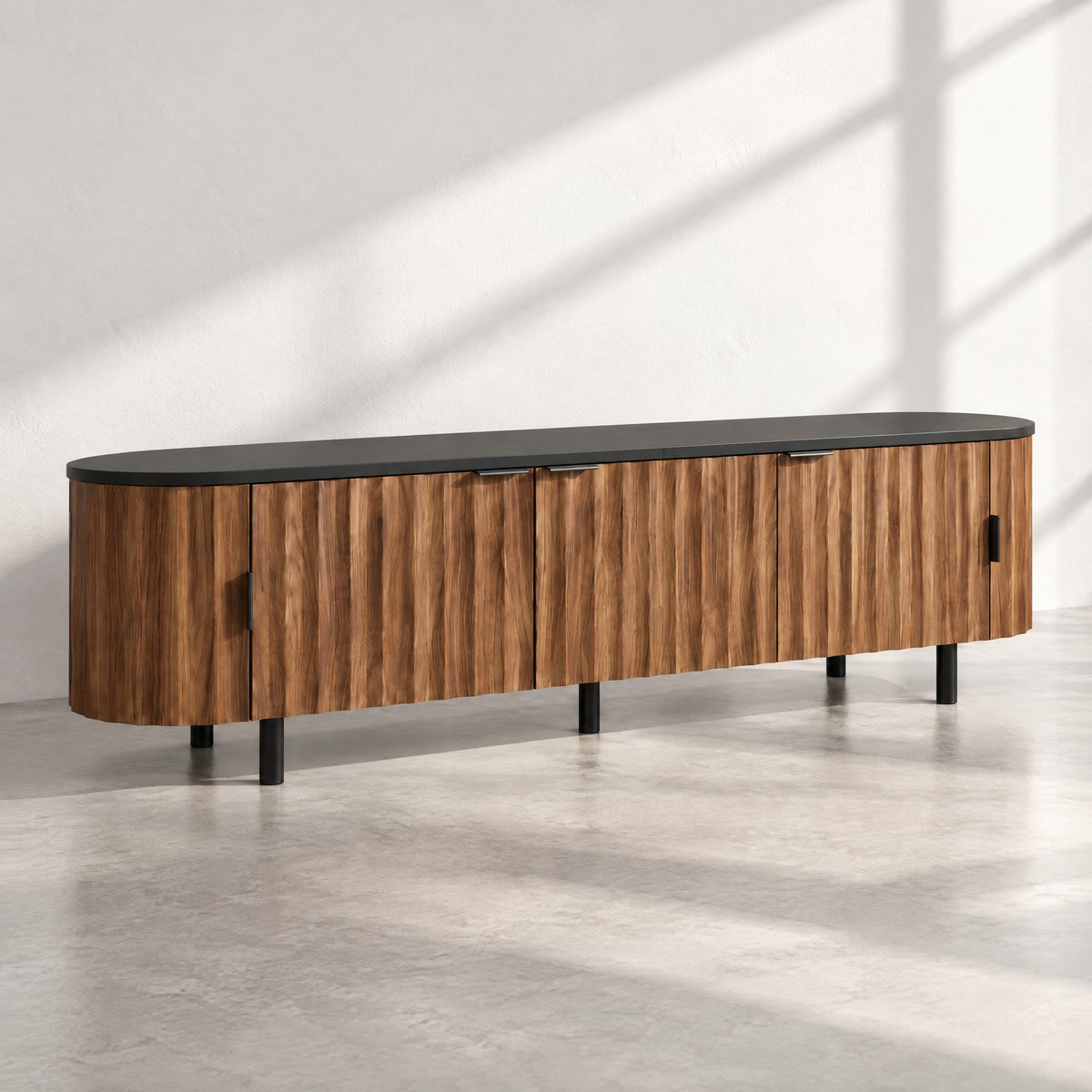 Meuble TV ovale noyer cannelé 170 cm, au soleil