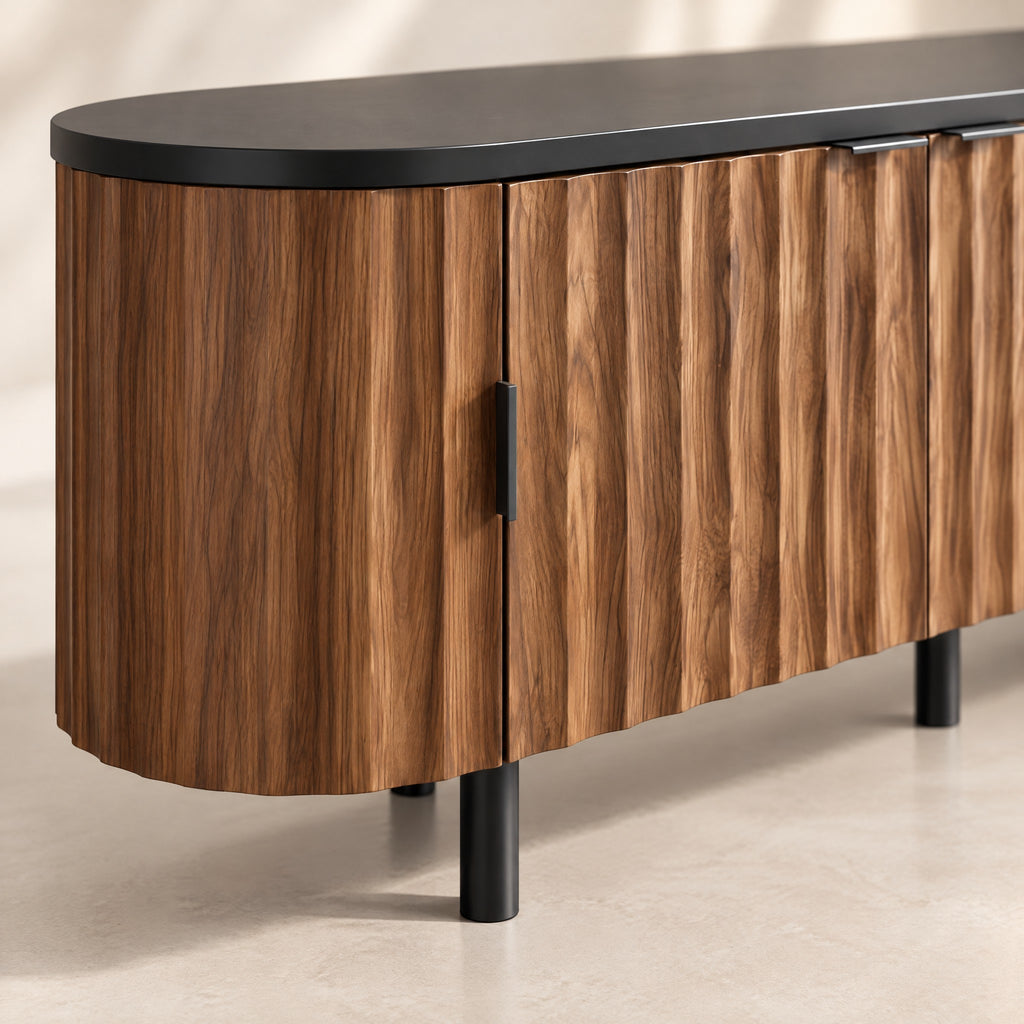 Meuble TV ovale noyer cannelé 170 cm, détail de la finition