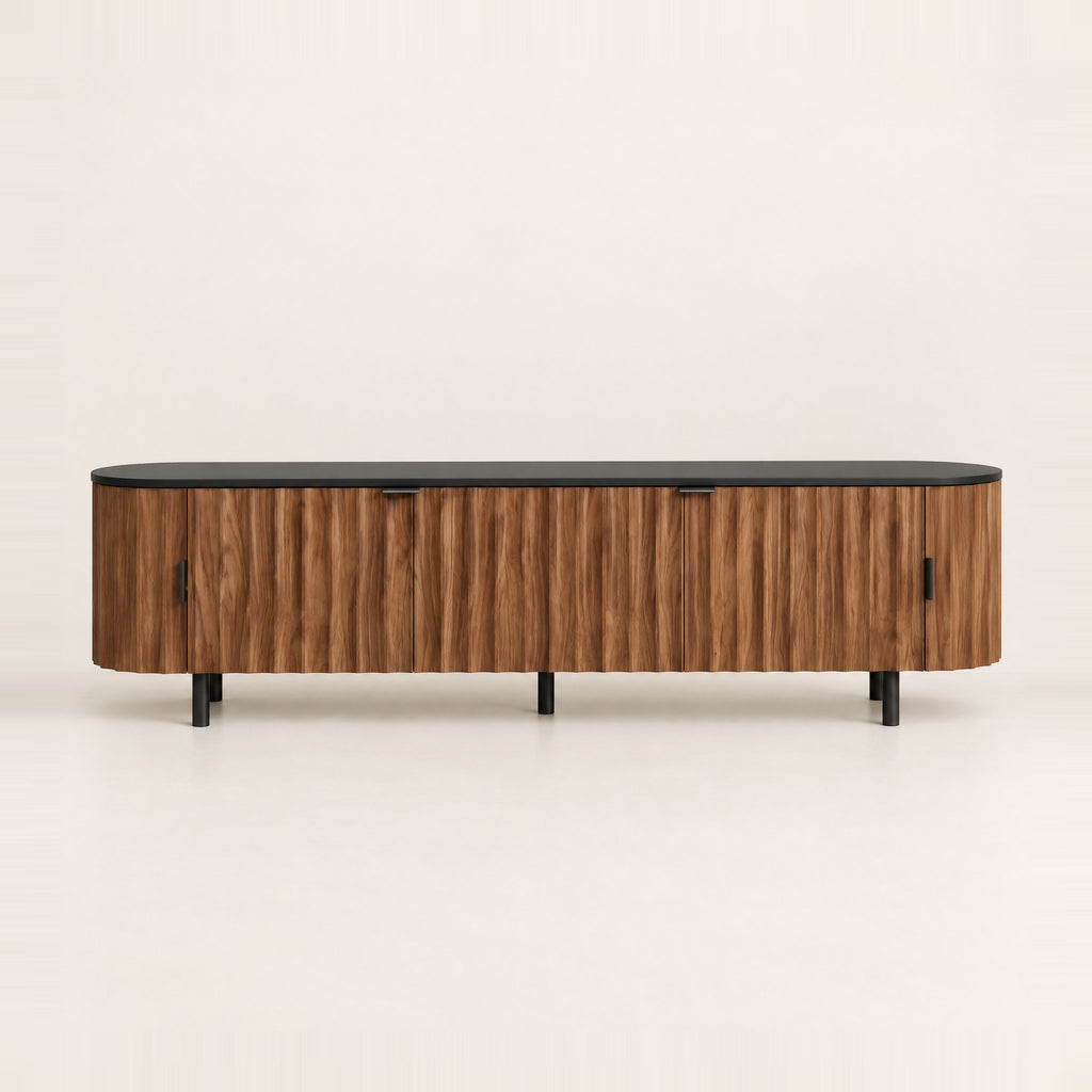 Meuble TV ovale noyer cannelé 170 cm, vue de face