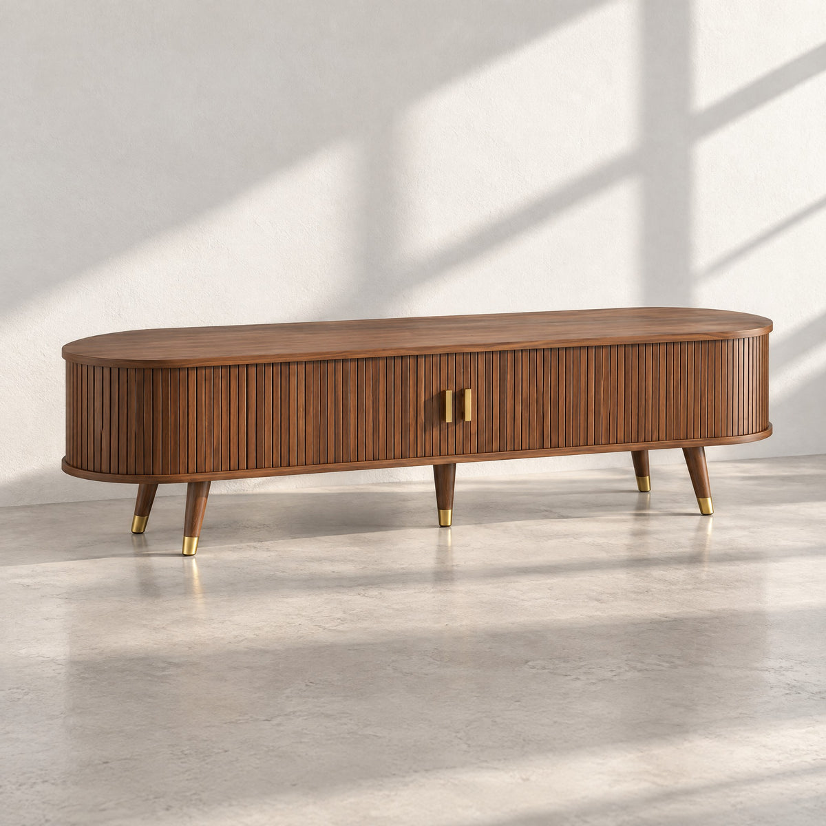 Meuble TV ovale noyer cannelé pieds dorés 175 cm, au soleil
