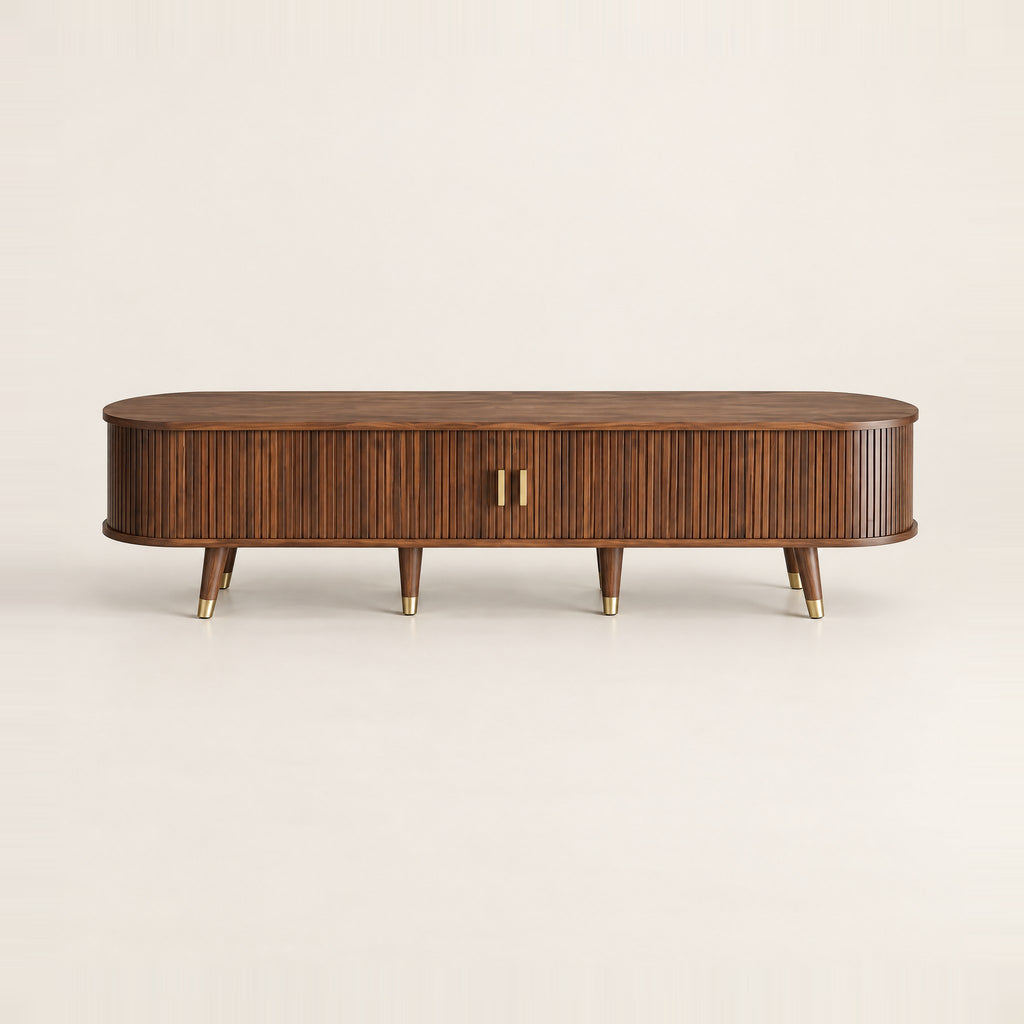 Meuble TV ovale noyer cannelé pieds dorés 175 cm, vue de face
