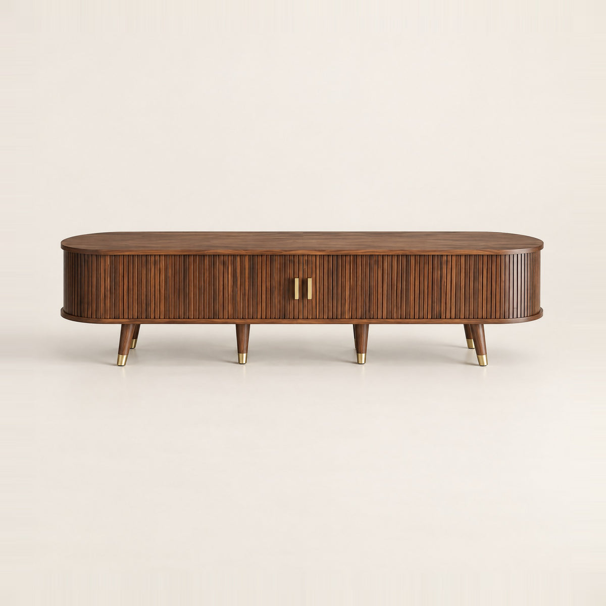 Meuble TV ovale noyer cannelé pieds dorés 175 cm, vue de face