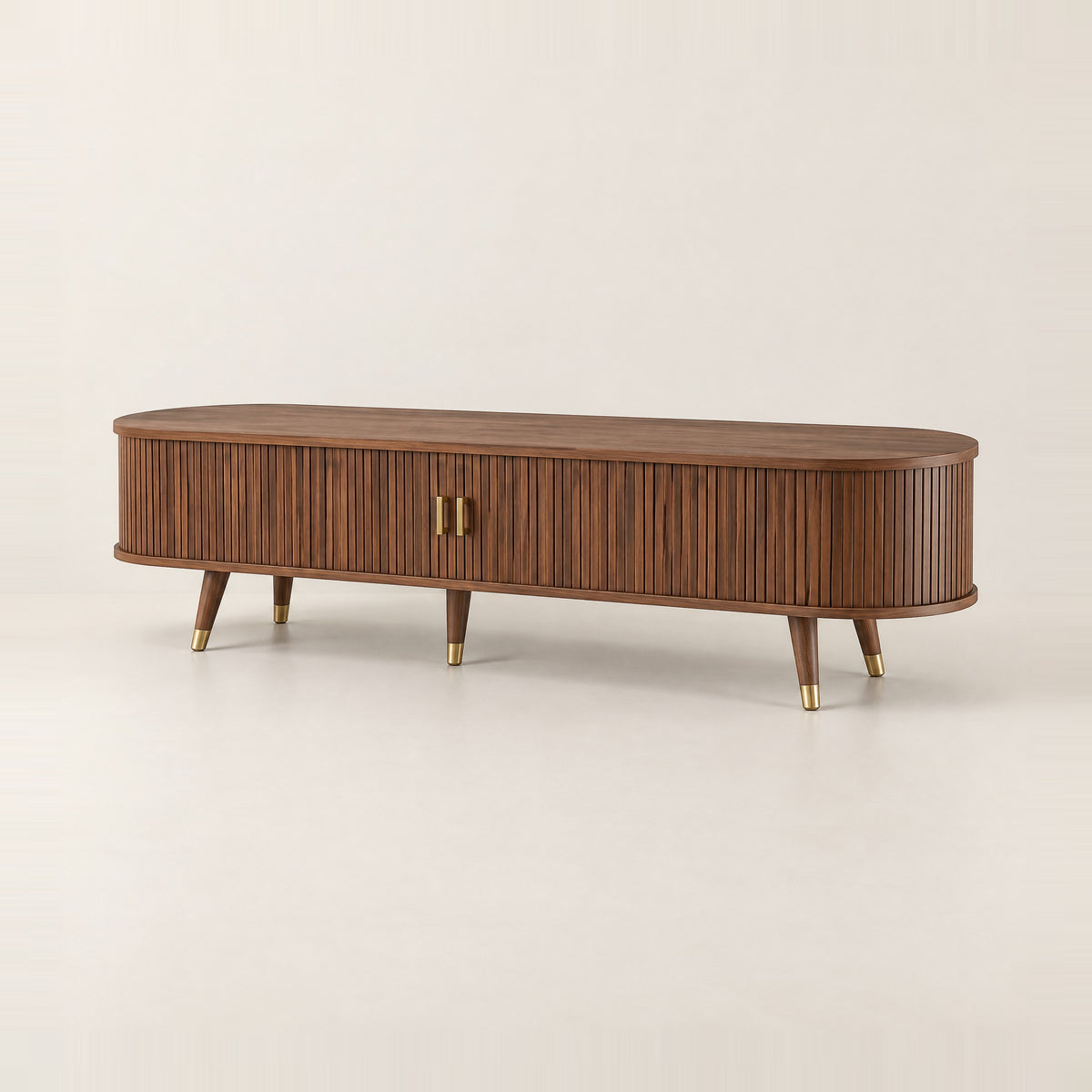 Meuble TV ovale noyer cannelé pieds dorés 175 cm, vue de trois quarts