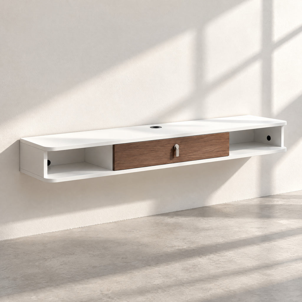 Meuble TV suspendu blanc et noyer 140 cm, au soleil