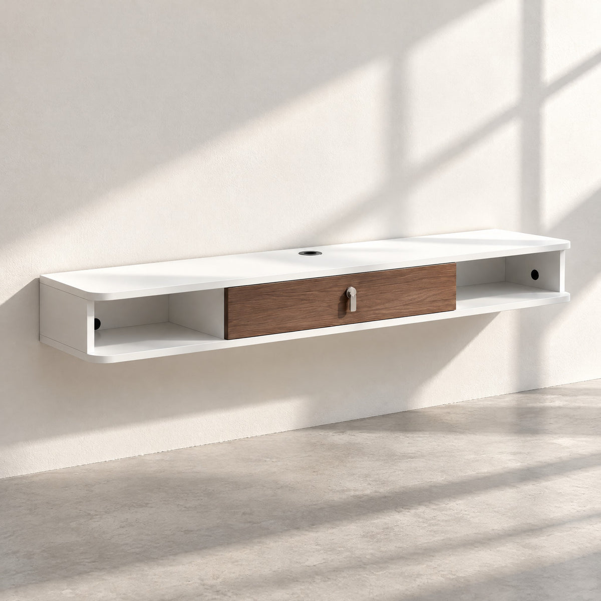 Meuble TV suspendu blanc et noyer 140 cm, au soleil