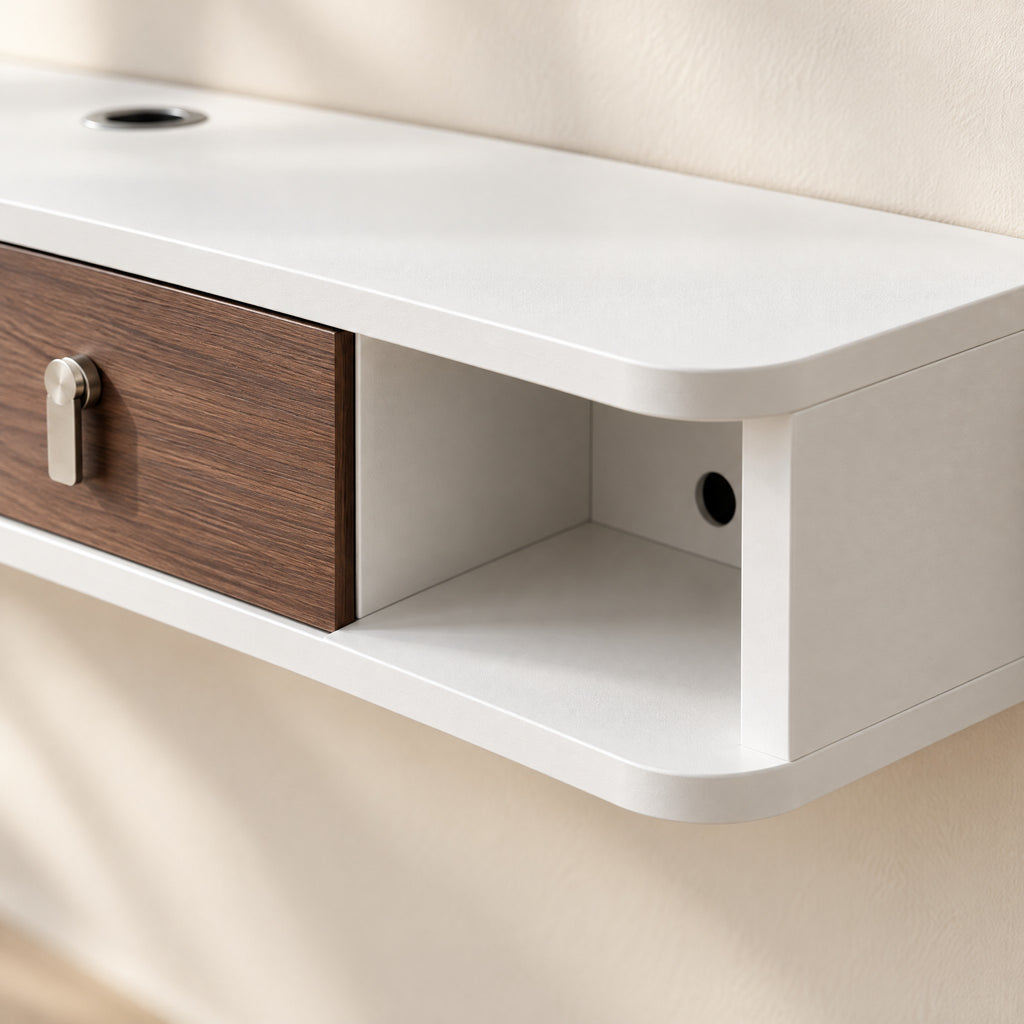 Meuble TV suspendu blanc et noyer 140 cm, détail de la finition