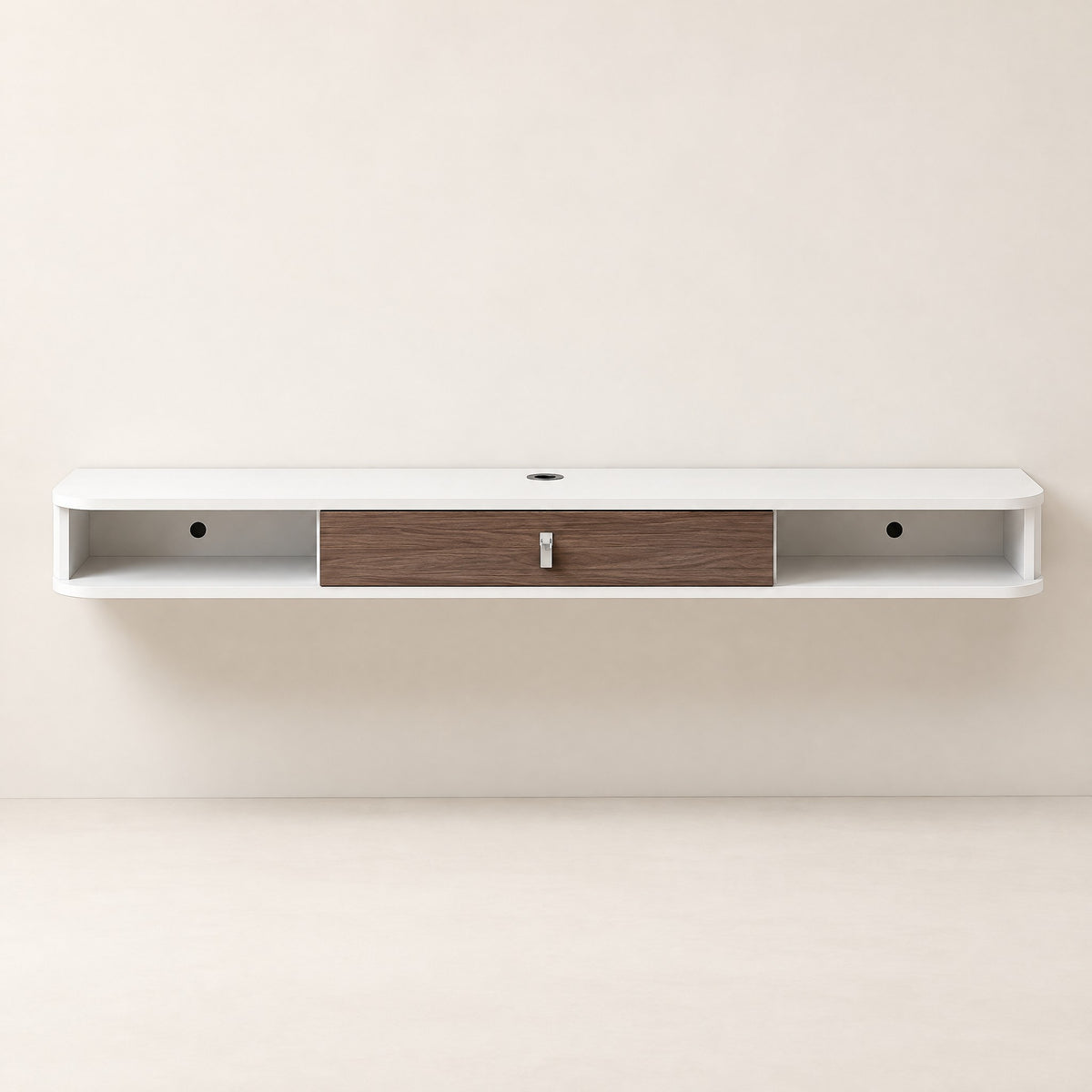 Meuble TV suspendu blanc et noyer 140 cm, vue de face