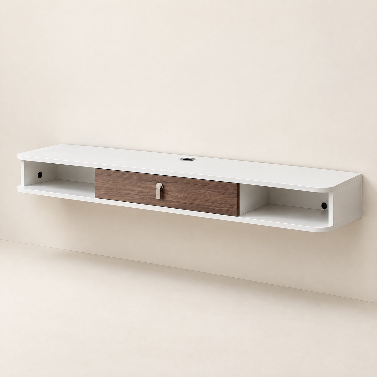 Meuble TV suspendu blanc et noyer 140 cm, vue de trois quarts
