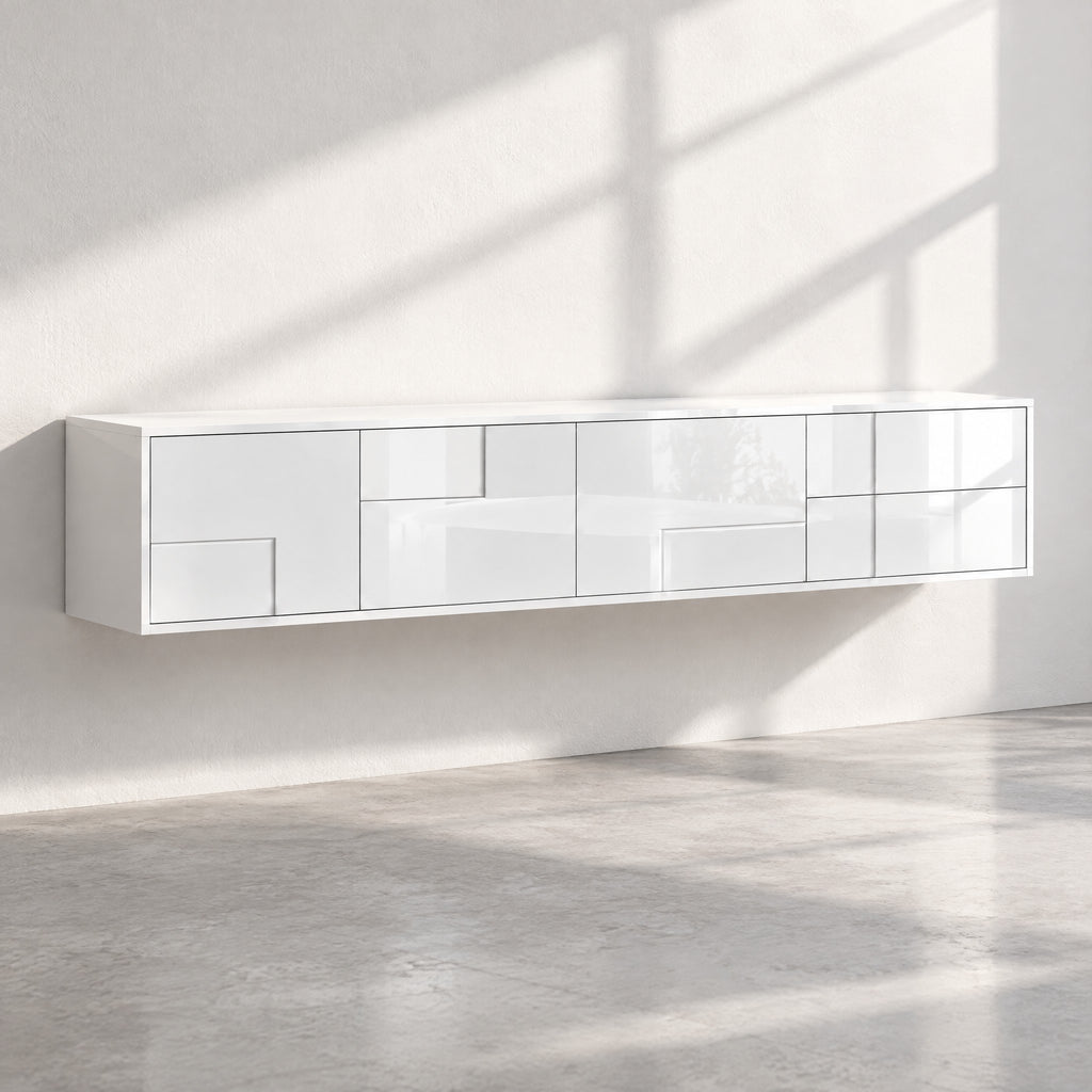 Meuble TV suspendu blanc laqué 170 cm, au soleil