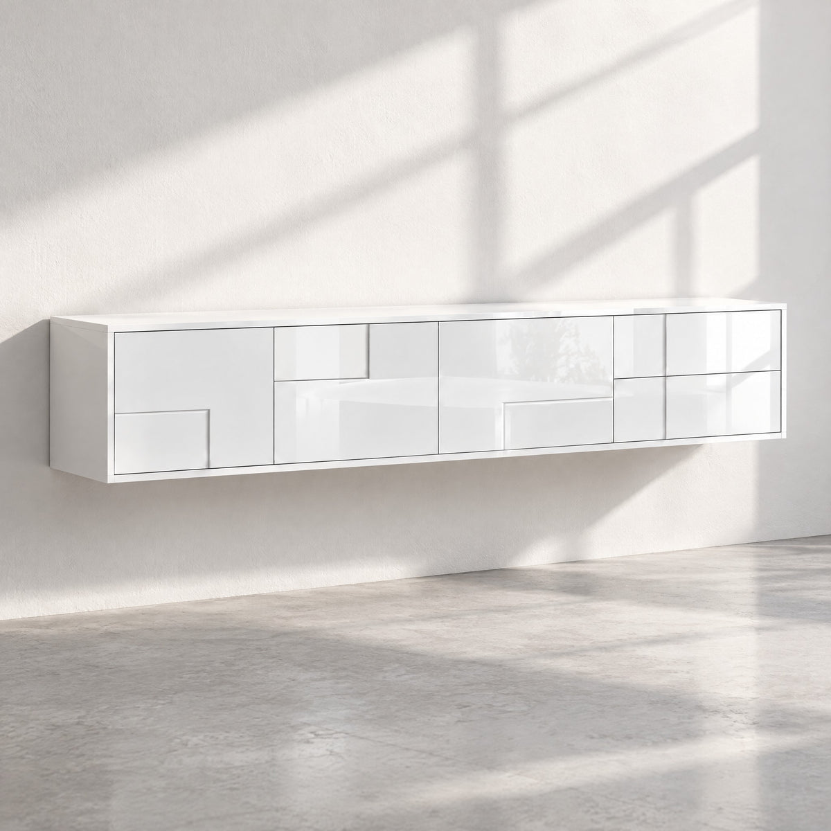 Meuble TV suspendu blanc laqué 170 cm, au soleil