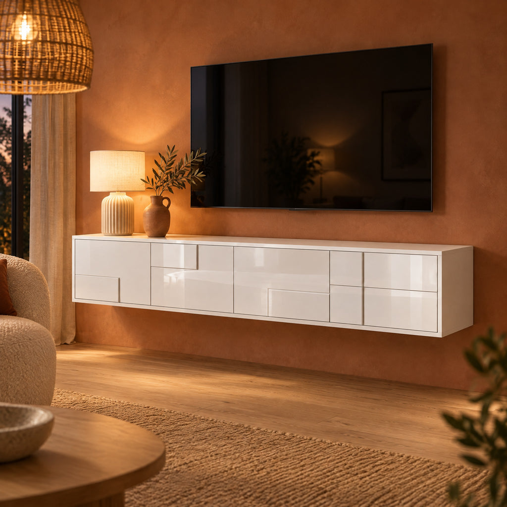 Meuble TV suspendu blanc laqué 170 cm, dans un salon le soir