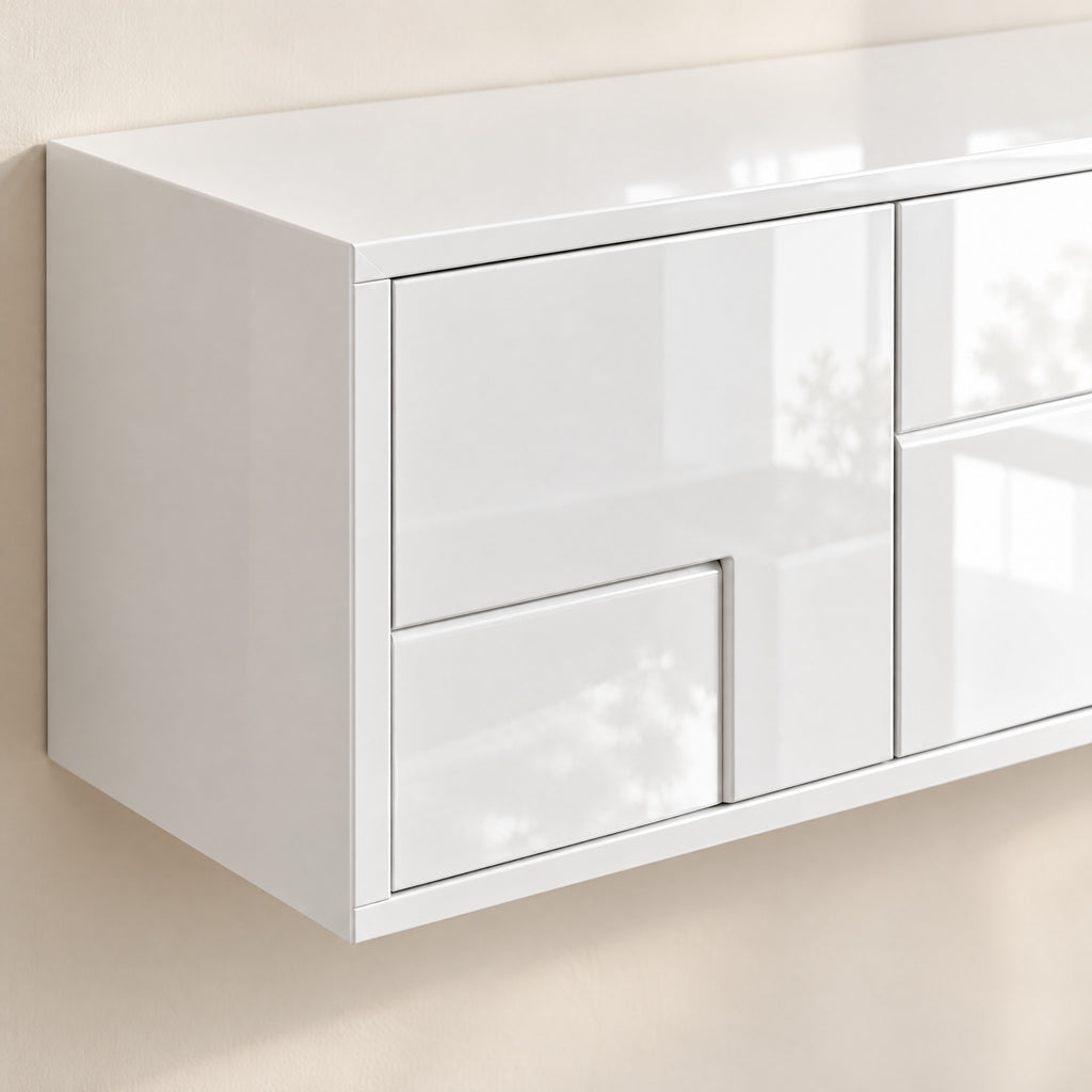 Meuble TV suspendu blanc laqué 170 cm, détail de la finition