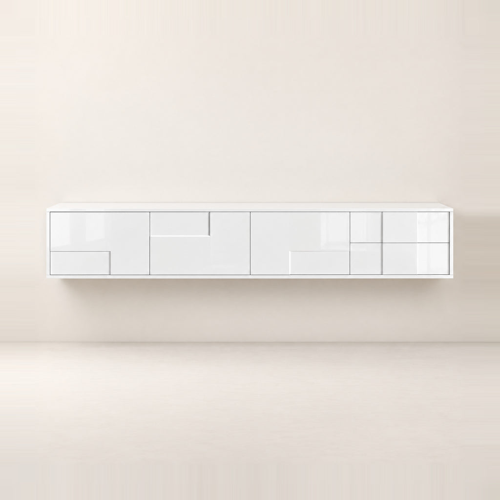 Meuble TV suspendu blanc laqué 170 cm, vue de face