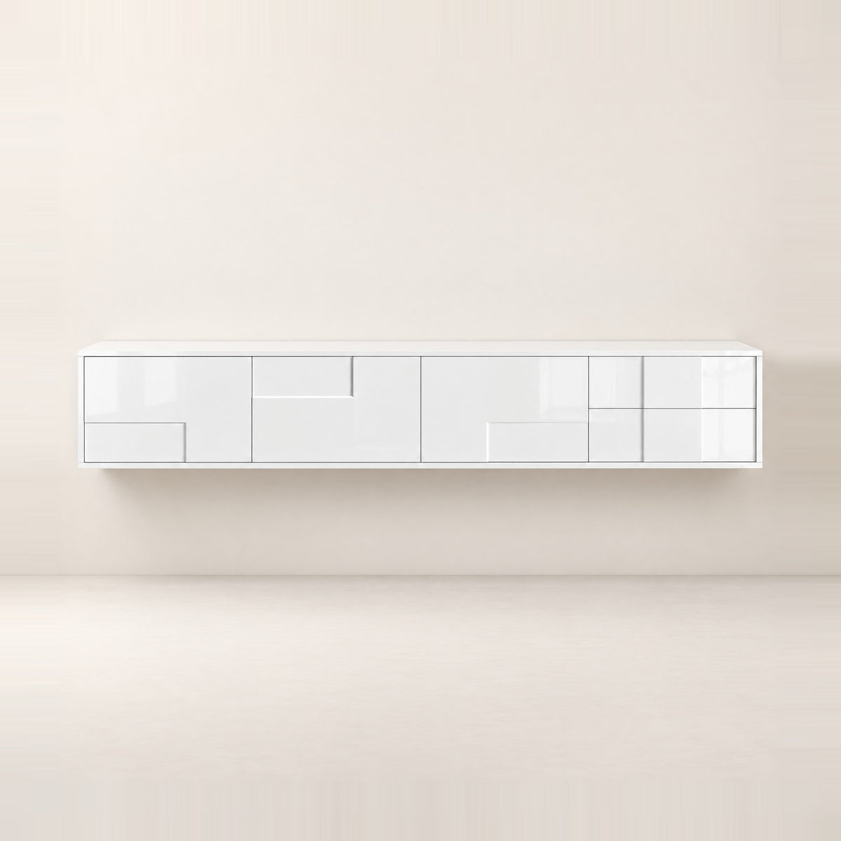 Meuble TV suspendu blanc laqué 170 cm, vue de face