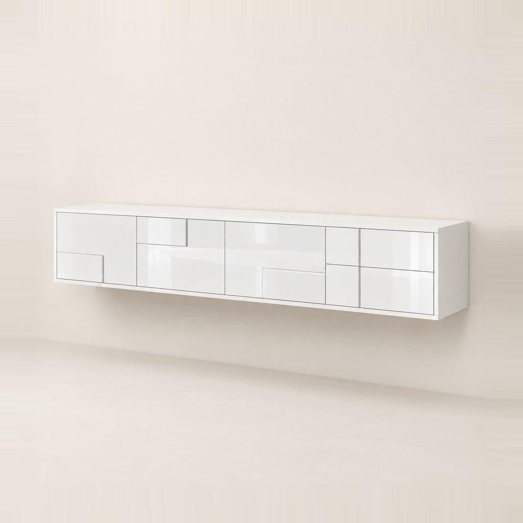 Meuble TV suspendu blanc laqué 170 cm, vue de trois quarts