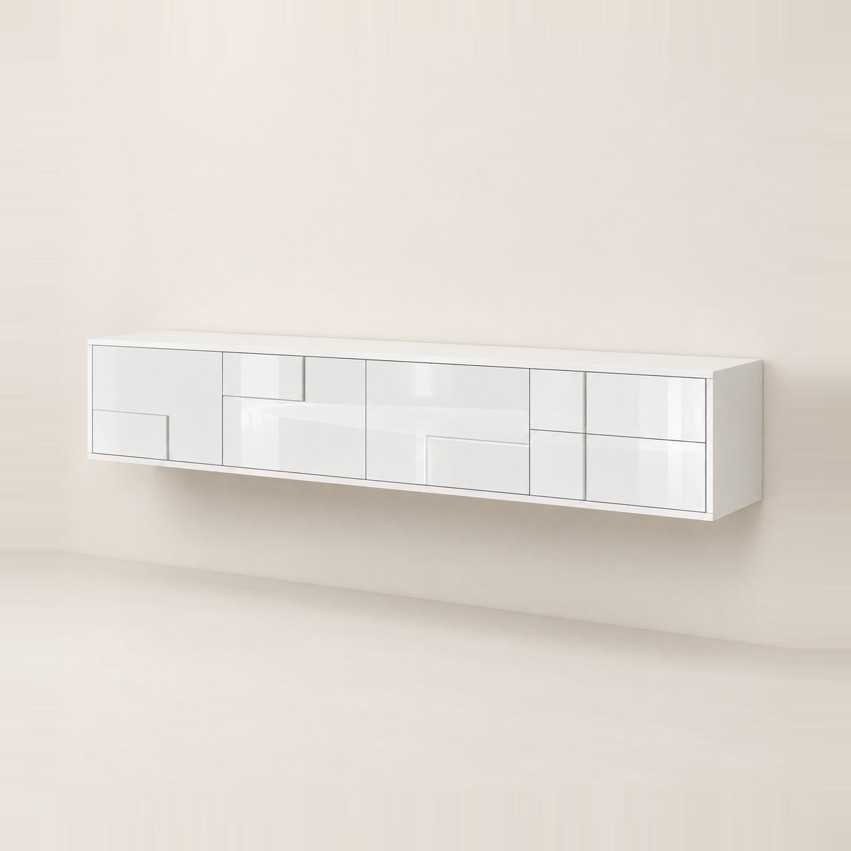 Meuble TV suspendu blanc laqué 170 cm, vue de trois quarts