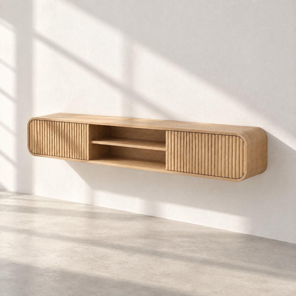 Meuble TV suspendu cannelé 160 cm, chêne naturel, au soleil