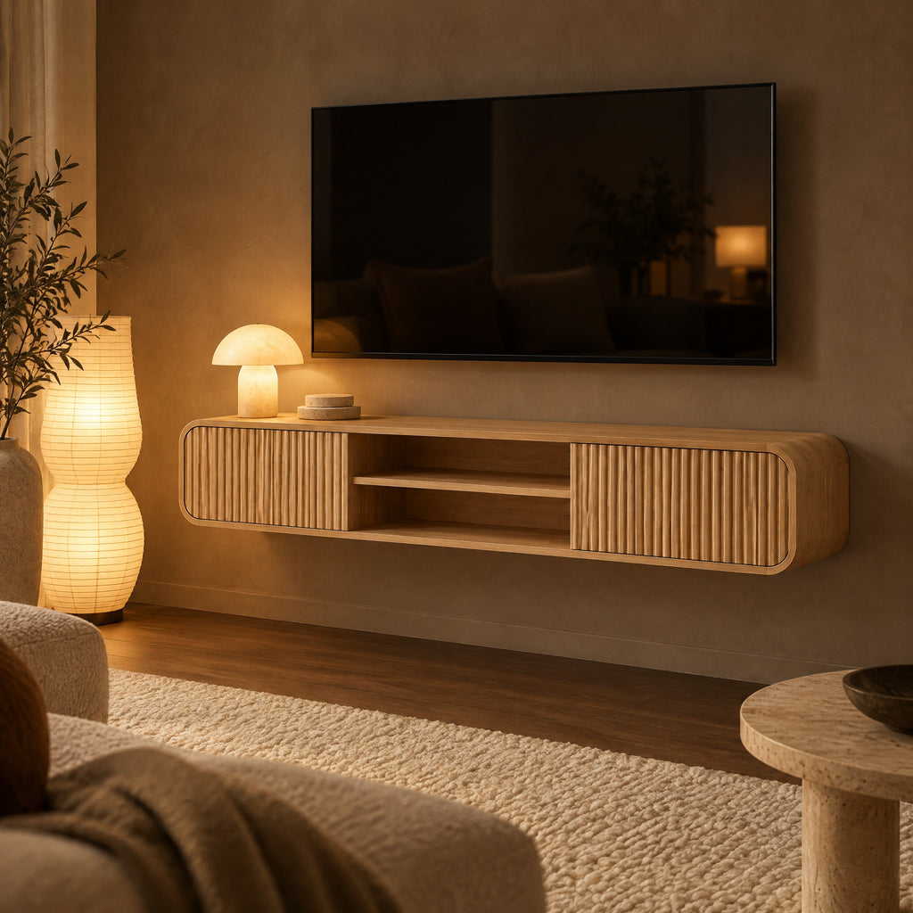 Meuble TV suspendu cannelé 160 cm, chêne naturel, dans un salon le soir