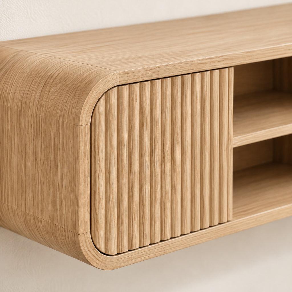 Meuble TV suspendu cannelé 160 cm, chêne naturel, détail de la finition