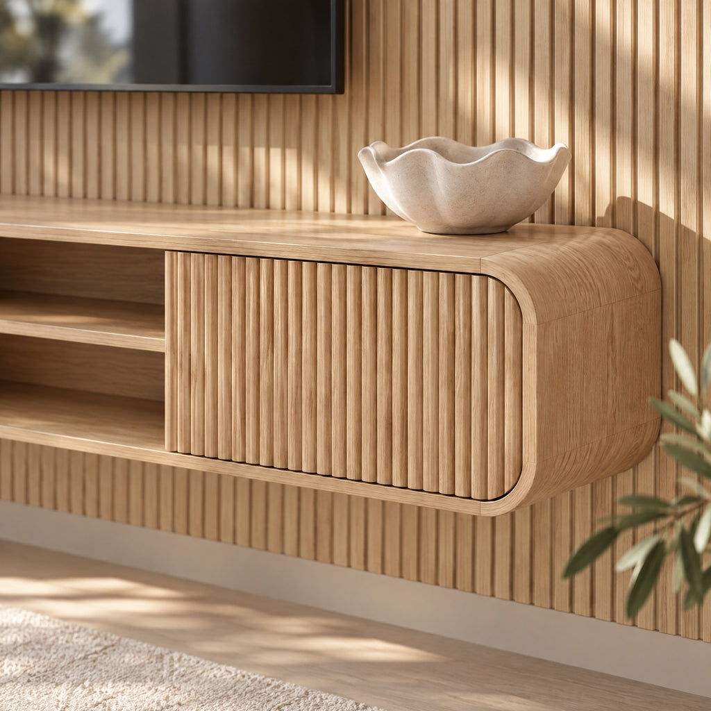 Meuble TV suspendu cannelé 160 cm, chêne naturel, gros plan