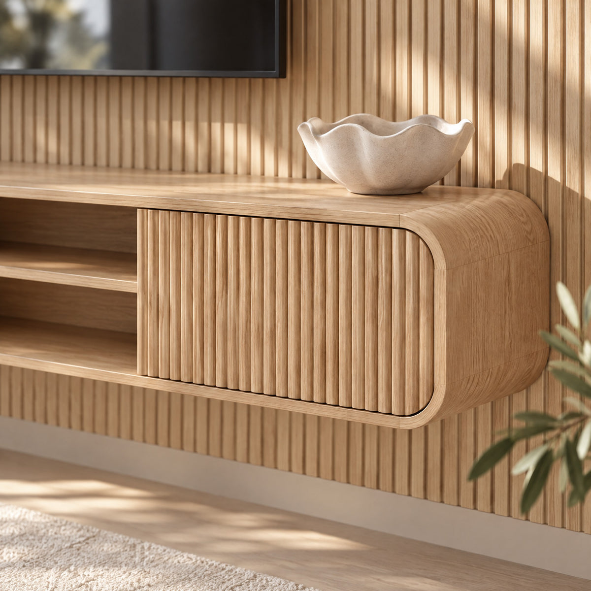 Meuble TV suspendu cannelé 160 cm, chêne naturel, gros plan