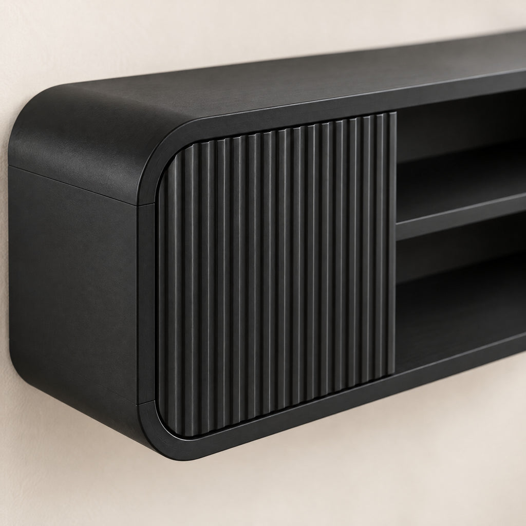 Meuble TV suspendu cannelé 160 cm, noir, détail de la finition