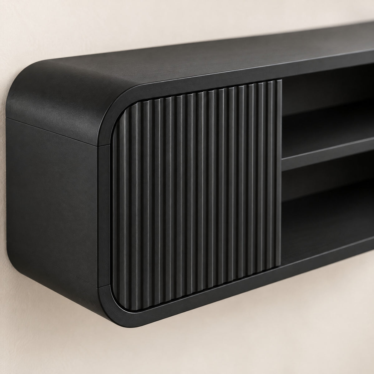 Meuble TV suspendu cannelé 160 cm, noir, détail de la finition