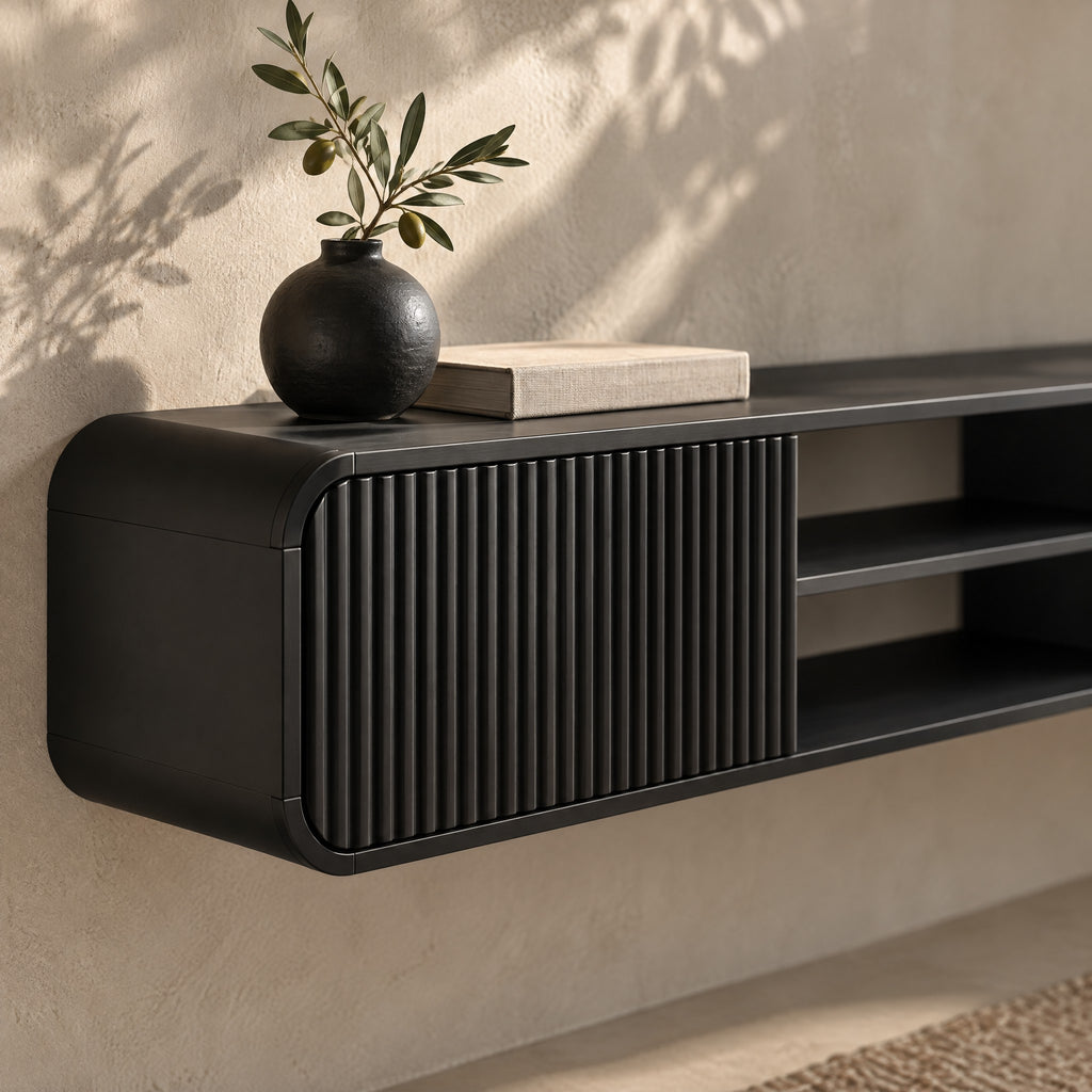 Meuble TV suspendu cannelé 160 cm, noir, gros plan